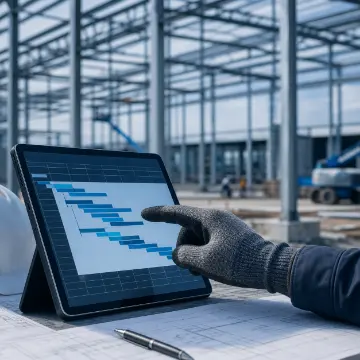 Строительная бригада выполняет монтаж стального каркаса по графику